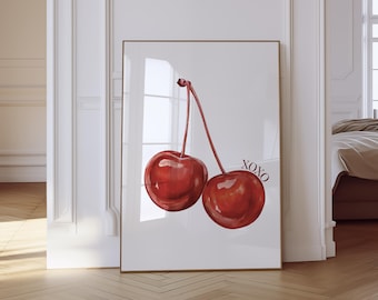 Cherry Wall Art Print, Dorm decor, Digital Download, PrintablePoster Bedroom Decor, Trendy Wall Art Preppy College Apartment Print Red Print