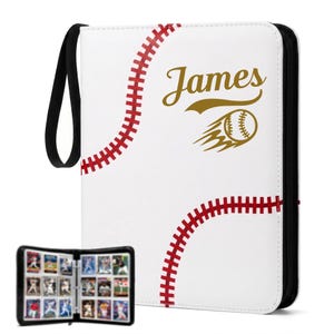 May include: A white zippered trading card binder featuring a red baseball stitch pattern, a black wrist strap, and the name James in gold script with a gold baseball graphic. The interior shows clear plastic sleeves holding various baseball cards.
