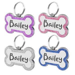 Personalized Stainless Steel Pet ID Tags with Glittery Bone Design Engraved Dog Tags for Pets Customized with 4 Lines Pets Gift