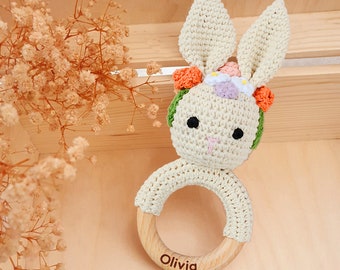 Personalized Crochet Baby Rattle: Soft Wooden Grip, Newborn Gift