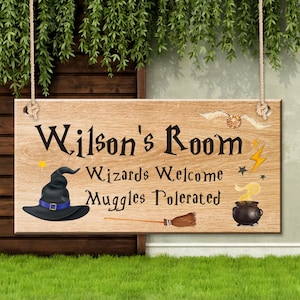 Personalized Wooden Room Gate Sign Wooden Hanging Gift Sign Plaque Magic Gift Bedroom Door Signs Wizards Welcome Muggles Tolerated Sign