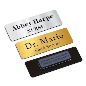 May include: Three name badges with black text. The top badge is silver with "Abbey Harpe" and "NURSE". The middle badge is gold with "Dr. Mario" and "Food Server". The bottom badge has a magnetic device.