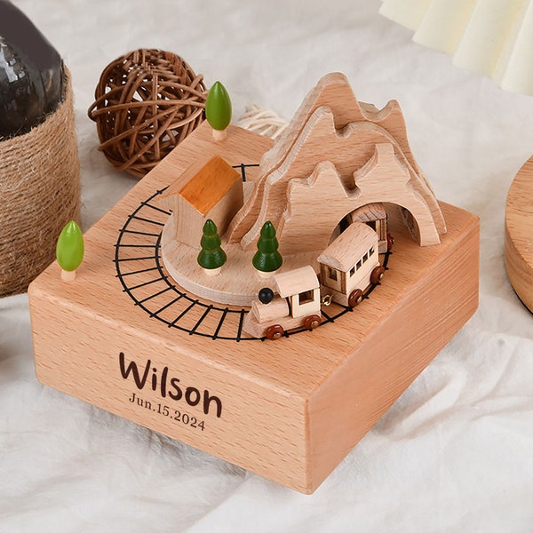 Personalized Wooden Train Music Box Custom Wooden Music Box Gifts with Moving Small Train for Birthday Christmas Engraved Musical Boxes
