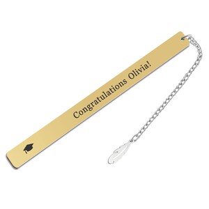 May include: Gold bookmark with a silver chain and feather charm. The bookmark is engraved with the text "Congratulations Olivia!" and a graduation cap icon.