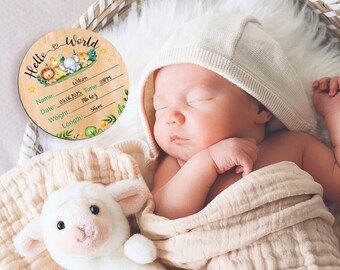 Custom Wooden Baby Announcement Sign: Hello World Newborn Photo Prop