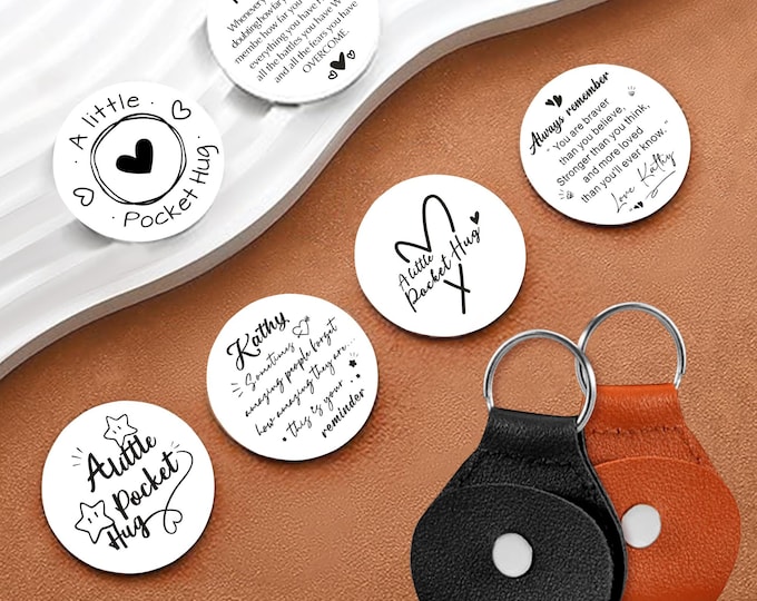 Personalized Pocket Hug Token: Engraved Stainless Steel with Leather Keychain