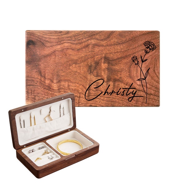 Personalized Jewelry Box Gifts for Women Custom Birthday Wooden Jewelry Box Gifts with Birth Month Flower Walnut Wood Trinket Boxes