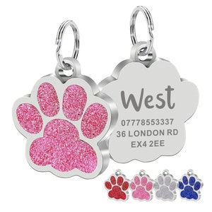 Personalized Engraved Pet ID Tags for Dogs & Cats - Customized with Your Choice of Text on a Glitter Paw Print Stainless Steel Tag