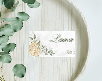 Place card Template, Green and Gold, Floral, Printable Wedding Table card, Printable Name Cards, Seat card