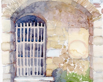 An original watercolour painting of an ancient gate on the island of Kos, Greece. A small mediterranean travel art, souvenir.