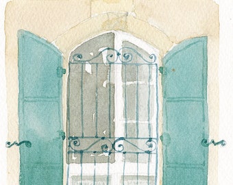 Watercolour sketch of theshutters of an old stone house on the island of Lesvos, Greece. A small mediterranean travel art, souvenir.