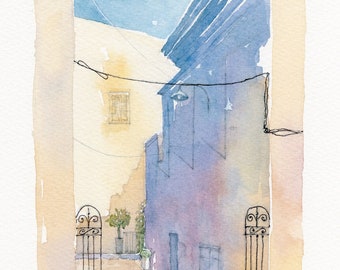 An original watercolour painting of a dead end street in Syros, Greece.
