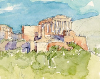 Een originele losse aquarelschets van de Akropolis, gezien vanaf Nimfenheuvel, Athene, Griekenland.