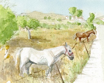 An original watercolour painting of the countryside and horses on the island of Lesvos, Greece. A small mediterranean travel art, souvenir.