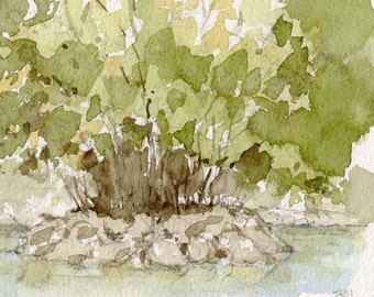 An original watercolour painting of the lush green duck pond in the national gardens of Athens, Greece.