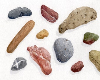 Realistic hand painted original watercolour sketch of pebbles or stones from Volos, Greece. A small mediterranean travel art, souvenir.