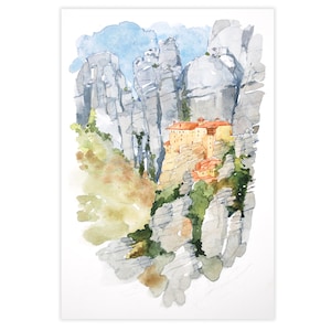 Monastero di Meteora, dipinto ad acquerello originale, paesaggio greco, Grecia continentale, acquerello di paesaggio, arte di viaggio, Grecia storica