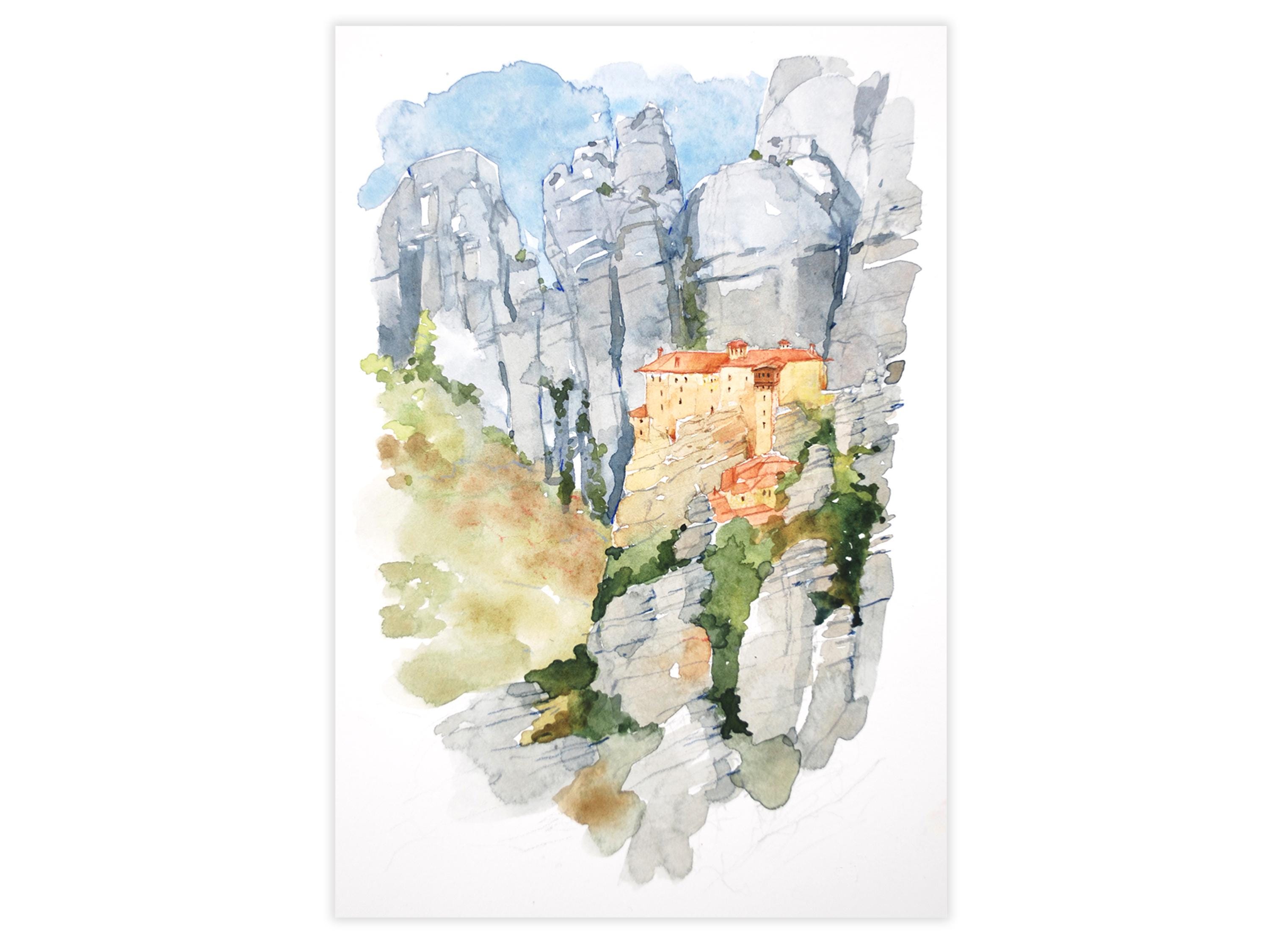 Meteora Monastery Original Watercolor Painting, Greek Landscape, Greece Mainland, Landscape watercolor, Travel art, historical greece