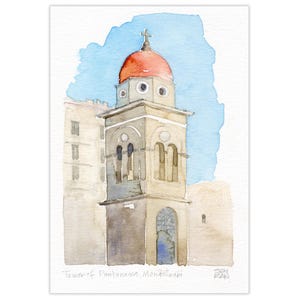 Chiesa di Pantanassa ad Atene, Acquerello originale, Monastiraki ad Atene, Ricordi di viaggio greci, Campanile di Pantanassa, Arte di viaggio