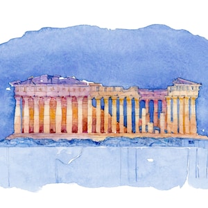 Stampa ad acquerello del Partenone dell'Acropoli, Giclée in edizione limitata, Atene, Grecia, Ricordi di viaggio, Notte all'Acropoli, Regalo unico, souvenir della Grecia