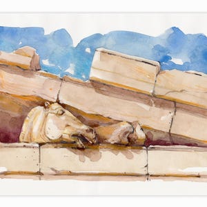 Vedute di Atene: acquerelli originali dell'Acropoli, cavallo del tempio del Partenone, ricordi di viaggio greci, pittura archeologica, arte di viaggio culturale