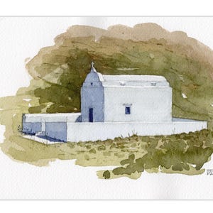 Dipinto ad acquerello originale di una cappella su una collina a Syros, isola greca, arte, ricordi di viaggio, regalo unico, arte murale, stampa ad acquerello