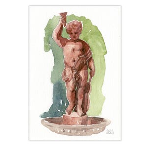 Statua di ragazzo in fontana, acquerello originale, Giardino Nazionale di Atene, Grecia, piccola arte di viaggio, ricordi della Grecia, souvenir greco