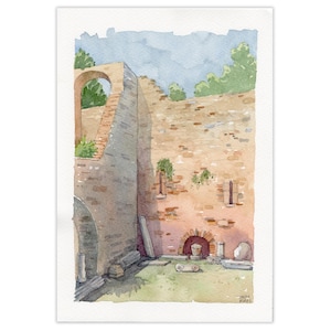 Acquerello originale del monastero di Kaisariani, Atene, Grecia, Monasteri, Monte Imetto, Ricordo di viaggio greco, Souvenir Grecia