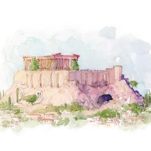 Scorci di Atene: stampa artistica ad acquerello dell'Acropoli, Giclée in edizione limitata, ricordi di viaggio in Grecia, regali greci unici, arte di viaggio culturale