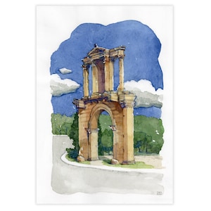 Schizzo originale ad acquerello della Porta di Adriano, Atene, Grecia, Ricordi ad acquerello, Arte di viaggio in Grecia, Souvenir della Grecia, Arte archeologica
