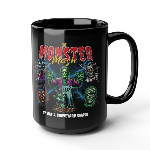 Black 15oz Mug: 'The Monster Mash' with Vibrant Horror Characters - Halloween Gift Idea