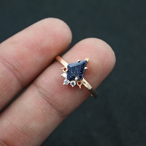 Kite Shape Blue Sandstone Ring Vintage Gold Plated Sandstone Ring Unique Gemstone Engagement Rings for Women Unique Anniversary Promise Ring