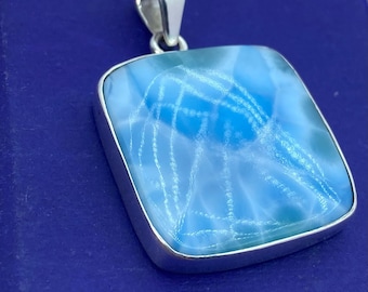 Square Larimar Pendant Blue Solitaire Pendant Handmade Blue Larimar Necklace 925 Sterling Silver Pendant Dominican Republic Jewelry for Her