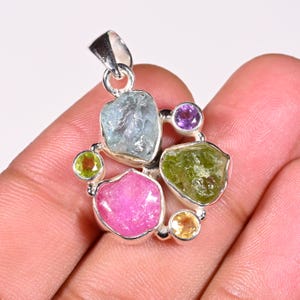 Raw Multi stone Pendant Uncut Gemstone Pendant Silver Pendant Aquamarine Ruby Peridot Pendant Women Dainty Necklace Birthday Gift for Her
