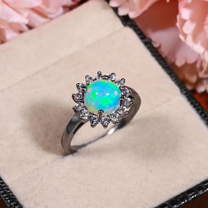 Bague opale ronde 925 rhodié noir fiançailles solitaire femme promesse cadeau d&#39;anniversaire pour elle bague d&#39;anniversaire halo opale bague empilable