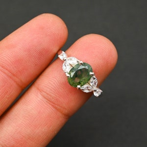Natural Oval Shaped Moss Agate Ring Bridal Wedding Ring Unique Engagement Ring Promise Ring 925 Sterling Silver Ring Women Jewelry Gift