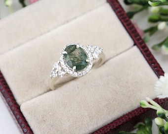 Moss Agate Engagement Ring, 925 Silver Aquatic Green Ring
