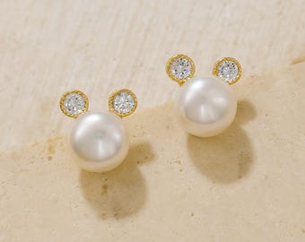 European and American personality cute Mickey shape whole body sterling silver natural freshwater real pearl stud earrings female simple and