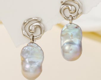Grey Baroque special-shaped pearl earrings, natural freshwater irregular earrings, 925 whole body sterling silver spiral shape