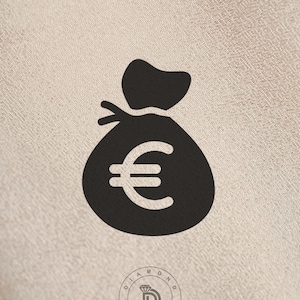 Pode incluir: Ícone de um saco de dinheiro preto com um símbolo de Euro branco sobre um fundo bege. O saco está amarrado no topo. Um logotipo circular com o texto "Diamond Design" está na parte inferior.