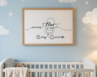 Personalized Baby Poster Line Art Print on Watercolor Paper – Pacifier – Nursery Wall Art – Gift – Newborn Picture