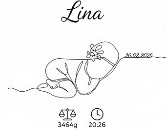Personalized Baby Poster Line Art Print on Watercolor Paper – Pacifier – Nursery Wall Art – Gift – Newborn Picture