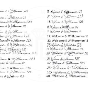 May include: A black and white typography chart displaying thirty distinct font styles, each featuring the text Welcome & Willkommen 123. The list is organized in two columns, numbered 1 through 30, with a small circular logo in the top right corner.
