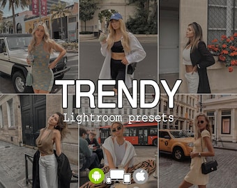May include: A collage of images featuring people wearing trendy clothing and accessories. The images are arranged in a grid pattern and feature a variety of styles, including casual, streetwear, and bohemian. The text "TRENDY Lightroom presets" is displayed in the center of the collage.