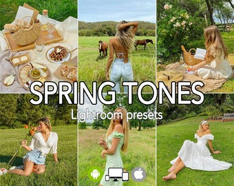 Op de afbeelding: Een verzameling Lightroom-presets genaamd "Spring Tones" met een groen, wit en bruin kleurenschema. De presets zijn ontworpen om foto's een warm, lenteachtig gevoel te geven. De afbeelding toont een verscheidenheid aan foto's waarop de presets zijn toegepast, waaronder een picknickscène, een vrouw in een veld en een vrouw die op een bank zit.