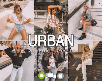 May include: A set of Lightroom presets called "Urban" for editing photos. The presets are designed to give photos a modern, urban look. The image shows several different photos that have been edited with the presets, including photos of people in urban settings.