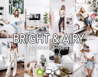 Puede incluir: Una colección de ocho fotografías de estilo de vida con escenas de interiores y moda luminosas. El texto BRIGHT & AIRY Lightroom presets está superpuesto en el centro. Iconos para Android, escritorio y dispositivos Apple están abajo.