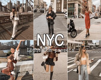 May include: A collage of six photos featuring people in New York City. The photos are arranged in a grid with the text "NYC Lightroom presets" in the center. The photos show people walking, posing, and enjoying the city.
