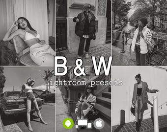 May include: Black and white Lightroom presets for photo editing. The presets are displayed on a digital screen with icons for Android and Apple devices.