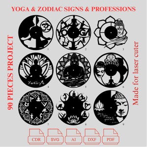 Peut inclure: Collection de neuf motifs noirs découpés au laser, représentant des poses de yoga, des figures de Bouddha et des signes du zodiaque. Les motifs sont circulaires et comprennent du texte tel que "Yoga" et "Namaste". L'image comprend également des icônes de type de fichier.